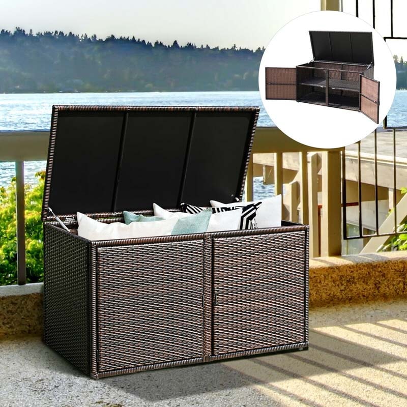 88 Gallon Wicker Deck Box Rattan Outdoor Storage Box Patio Container Cabinet with Separate Storage Shelf