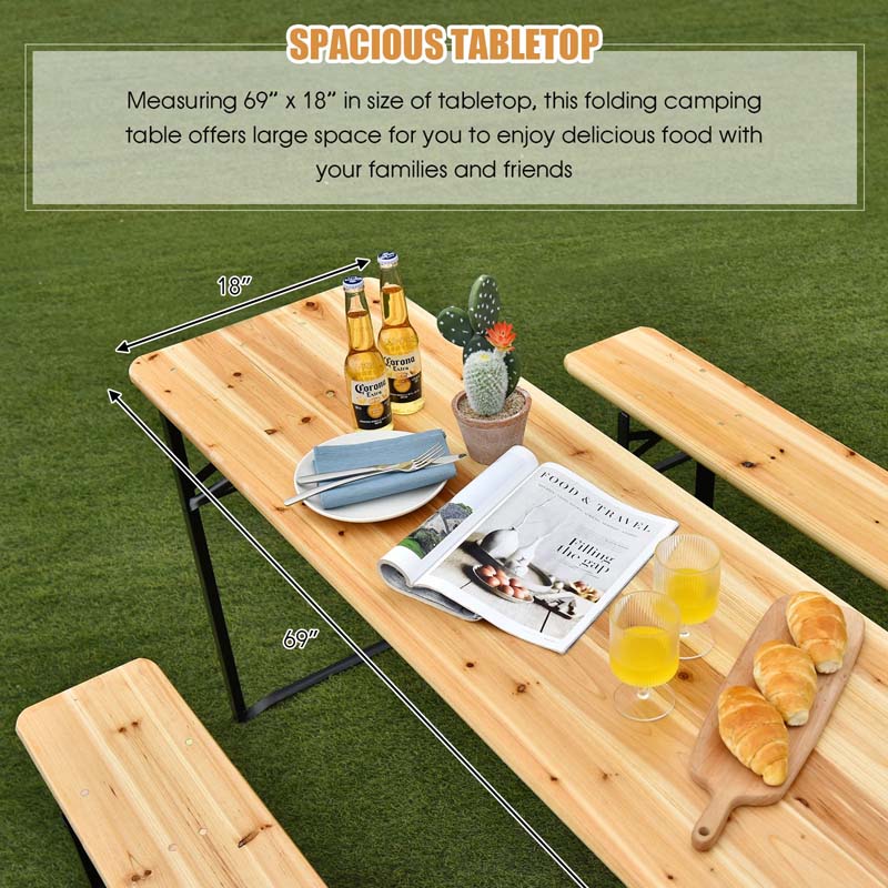 3 Pcs Folding Picnic Table Bench Set 70'' Portable Wooden Beer Garden Table with Seating