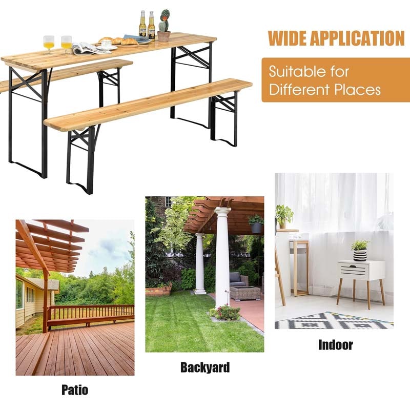 3 Pcs Folding Picnic Table Bench Set 70'' Portable Wooden Beer Garden Table with Seating