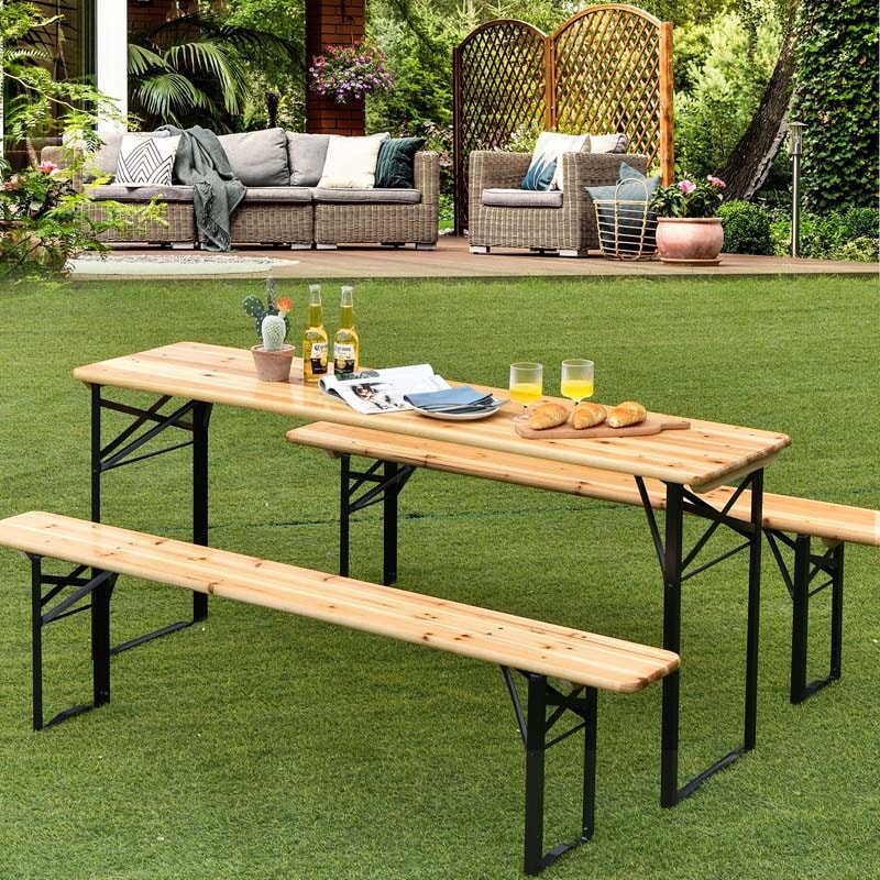 3 Pcs Folding Picnic Table Bench Set 70'' Portable Wooden Beer Garden Table with Seating