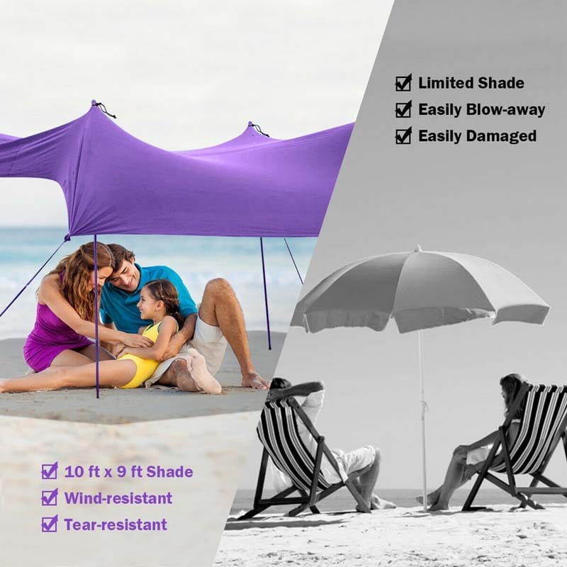 10 FT x 9 FT Family Beach Tent Canopy Outdoor Sunshade with 4 Poles Sandbag Anchors