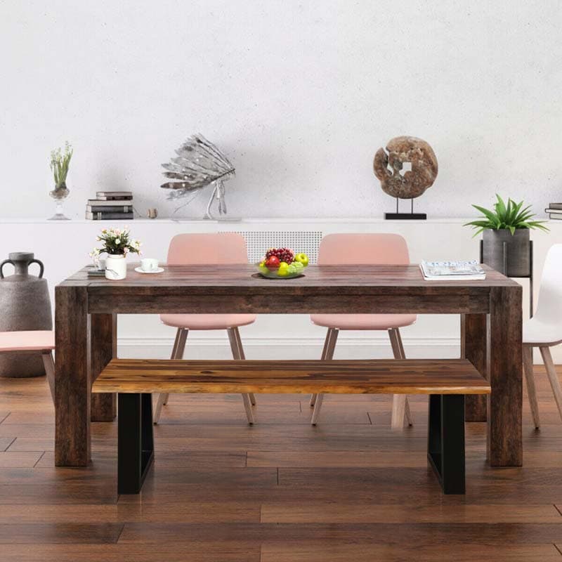 Solid Acacia Wood Bench Dining Bench Seating Chair Rustic Indoor & Outdoor Furniture with Metal Frame for Garden Backyard