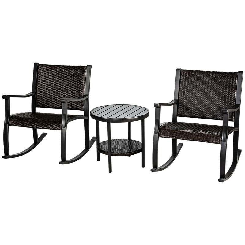 Bestoutdor 3-Piece Wicker Rocking Bistro Set Rattan Patio Furniture Set with 2 Rocking Chairs & Storage Shelf Coffee Table