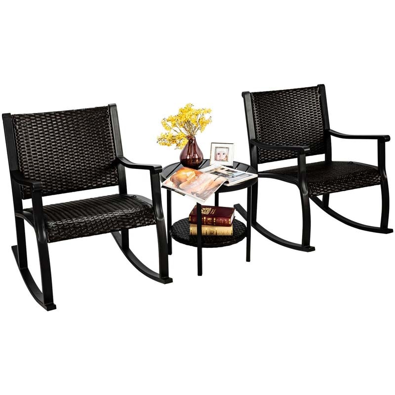 Bestoutdor 3-Piece Wicker Rocking Bistro Set Rattan Patio Furniture Set with 2 Rocking Chairs & Storage Shelf Coffee Table