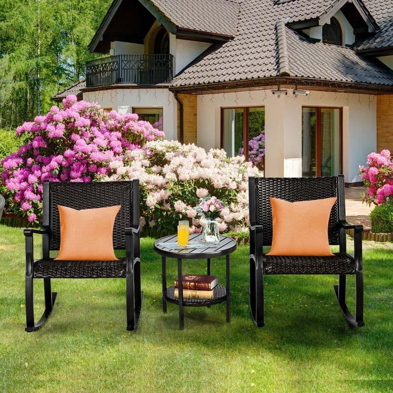 Bestoutdor 3-Piece Wicker Rocking Bistro Set Rattan Patio Furniture Set with 2 Rocking Chairs & Storage Shelf Coffee Table