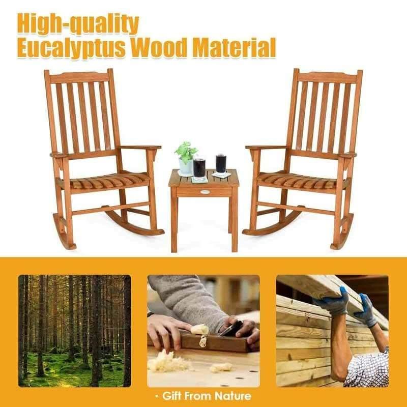 3 Pcs Eucalyptus Rocking Chair with Coffee Table - Bestoutdor