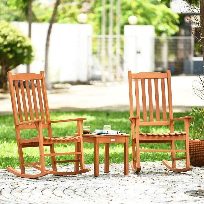 3 Pcs Eucalyptus Rocking Chair with Coffee Table - Bestoutdor