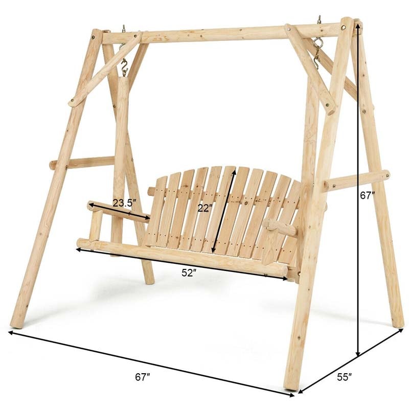 Wooden Hanging Porch Swing Outdoor Swing Bench Chair with Curved Back