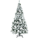 6FT Snow Flocked Artificial Christmas Tree Hinged Xmas Tree 631 Branch Tips with White Berries, Poinsettia Flowers & Folding Metal Stand