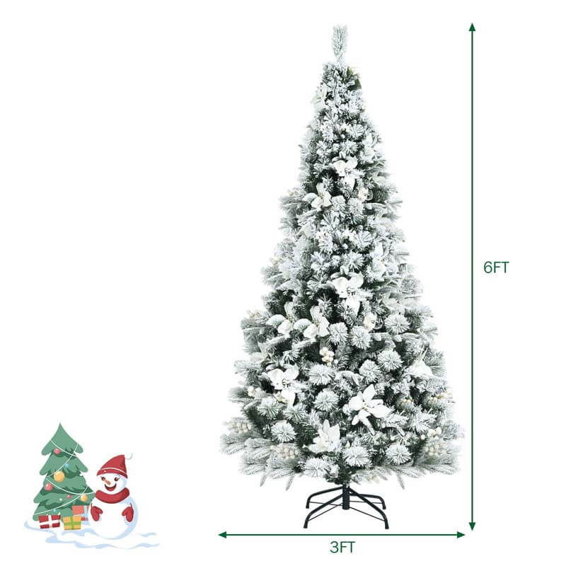 6FT Snow Flocked Artificial Christmas Tree Hinged Xmas Tree 631 Branch Tips with White Berries, Poinsettia Flowers & Folding Metal Stand