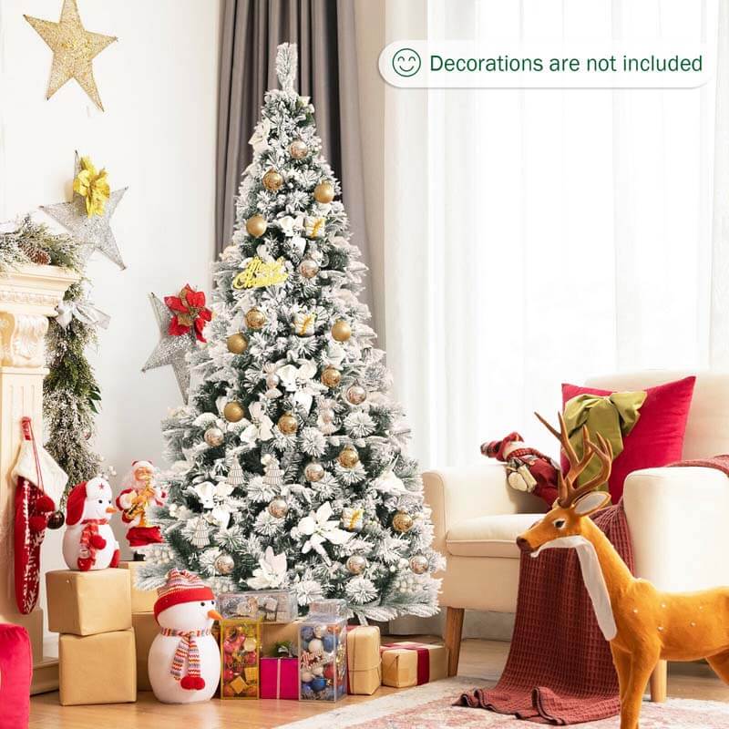 6FT Snow Flocked Artificial Christmas Tree Hinged Xmas Tree 631 Branch Tips with White Berries, Poinsettia Flowers & Folding Metal Stand