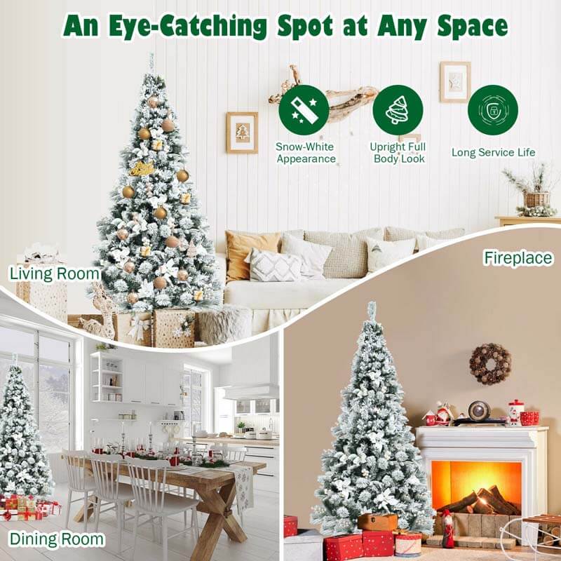 6FT Snow Flocked Artificial Christmas Tree Hinged Xmas Tree 631 Branch Tips with White Berries, Poinsettia Flowers & Folding Metal Stand