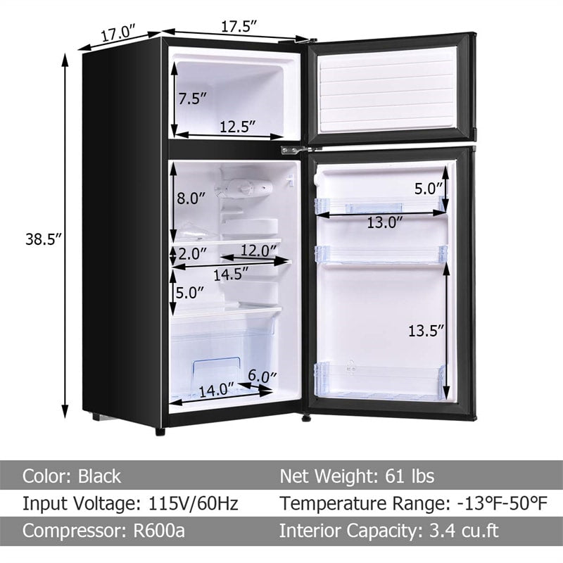 2 Door Compact Refrigerator 3.4 cu. ft. Cold-rolled Sheet Mini Fridge with Freezer & Adjustable Removable Glass Shelves