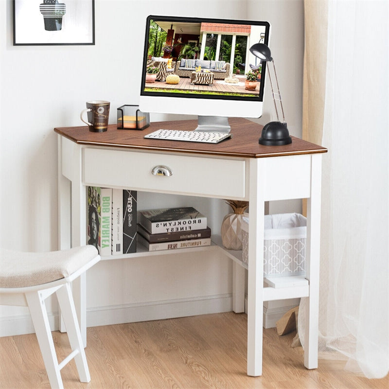 Corner Desk Triangle Computer Desk Laptop Writing Table Workstation Vanity Desk with Drawers & Storage Shelves