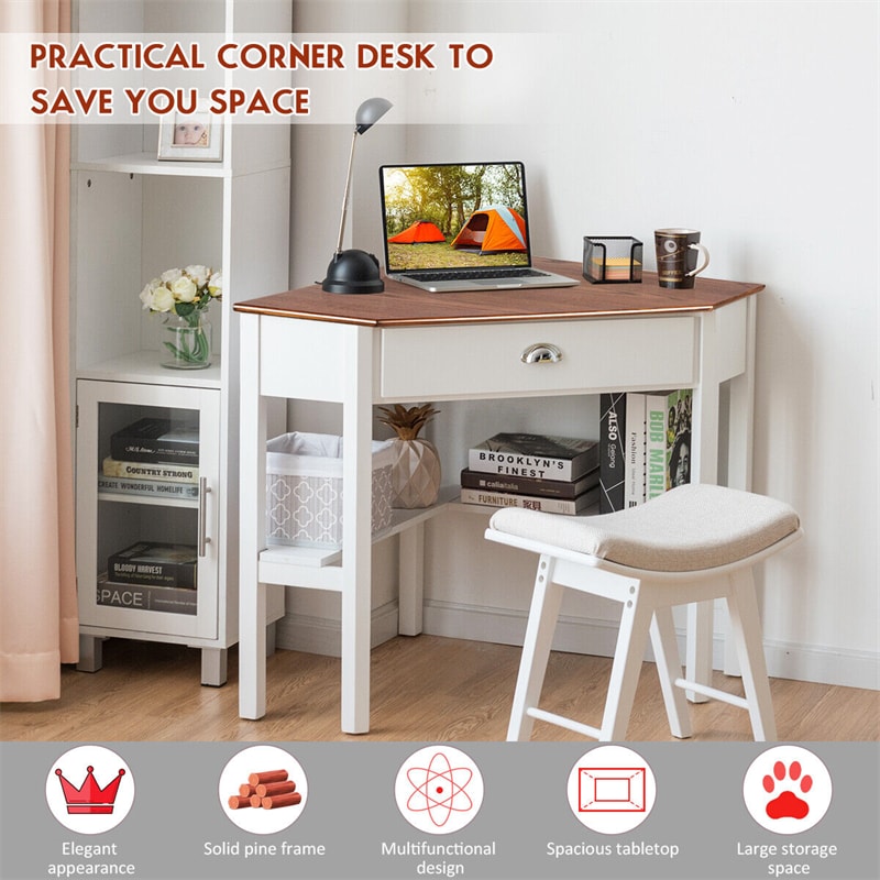 Corner Desk Triangle Computer Desk Laptop Writing Table Workstation Vanity Desk with Drawers & Storage Shelves