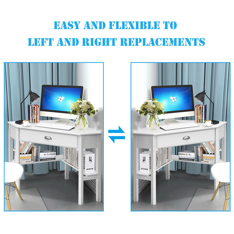 Corner Desk Triangle Computer Desk Laptop Writing Table Workstation Vanity Desk with Drawers & Storage Shelves