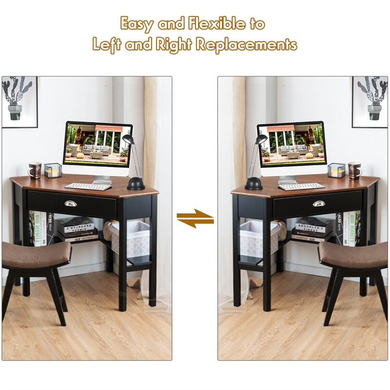 Corner Desk Triangle Computer Desk Laptop Writing Table Workstation Vanity Desk with Drawers & Storage Shelves