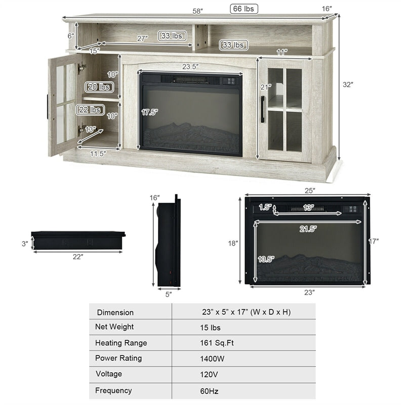 58" Electric Fireplace TV Stand for TVs Up to 65", 1400W Fireplace Insert with Remote, 3-Level Flame, Adjustable Shelves & Overheat Protection