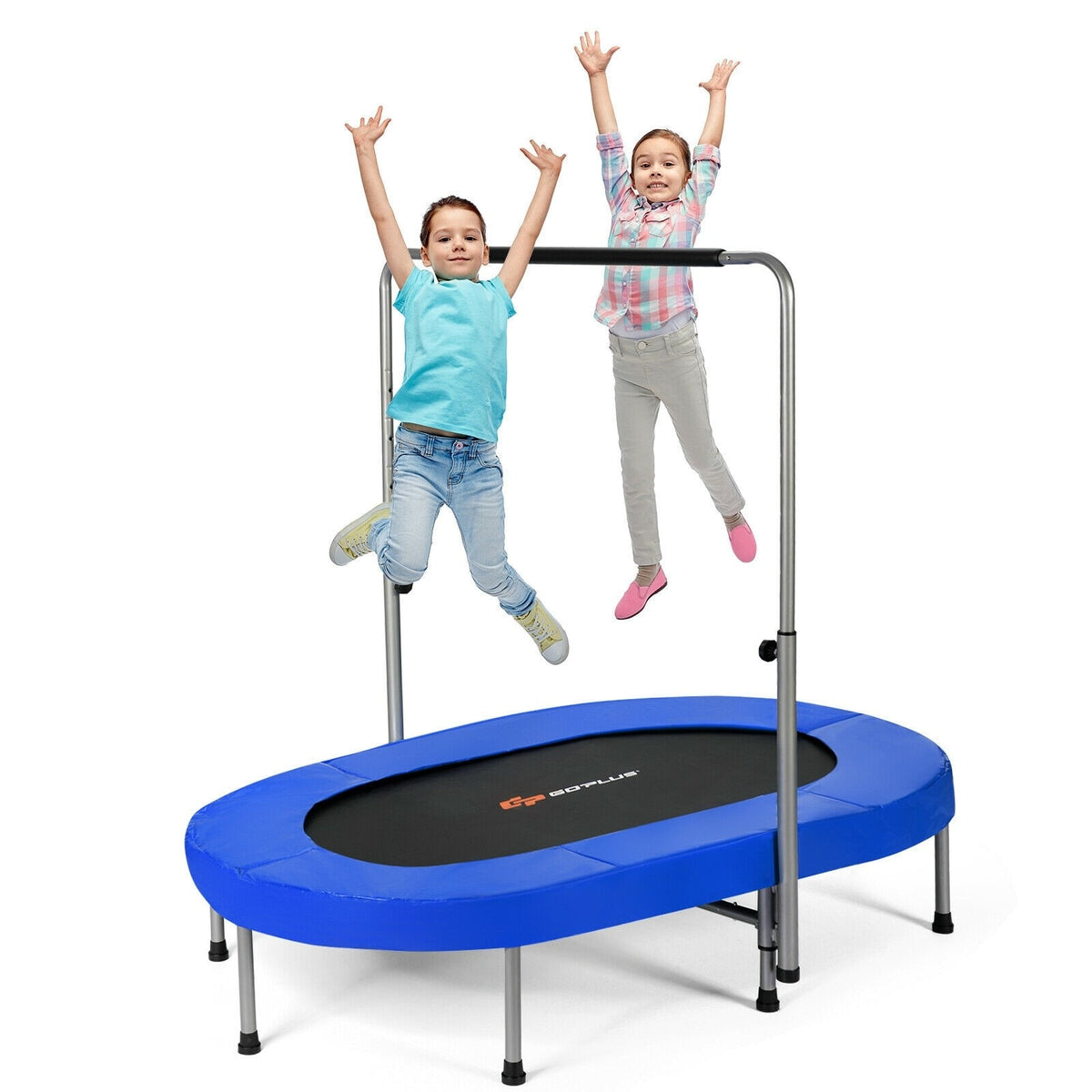 Foldable Oval Trampoline for Kids & Adults, Indoor Double Mini Fitness Trampoline Rebounder with Adjustable Handrail & Non-Slip Pads, Max 330lbs