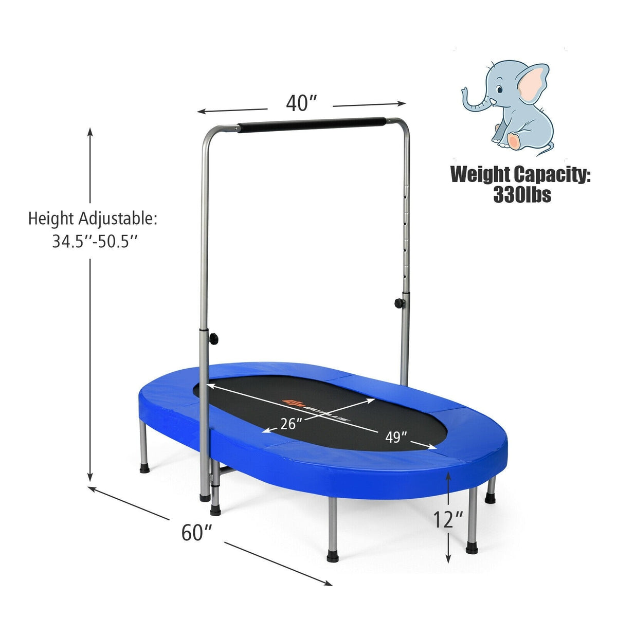 Foldable Oval Trampoline for Kids & Adults, Indoor Double Mini Fitness Trampoline Rebounder with Adjustable Handrail & Non-Slip Pads, Max 330lbs