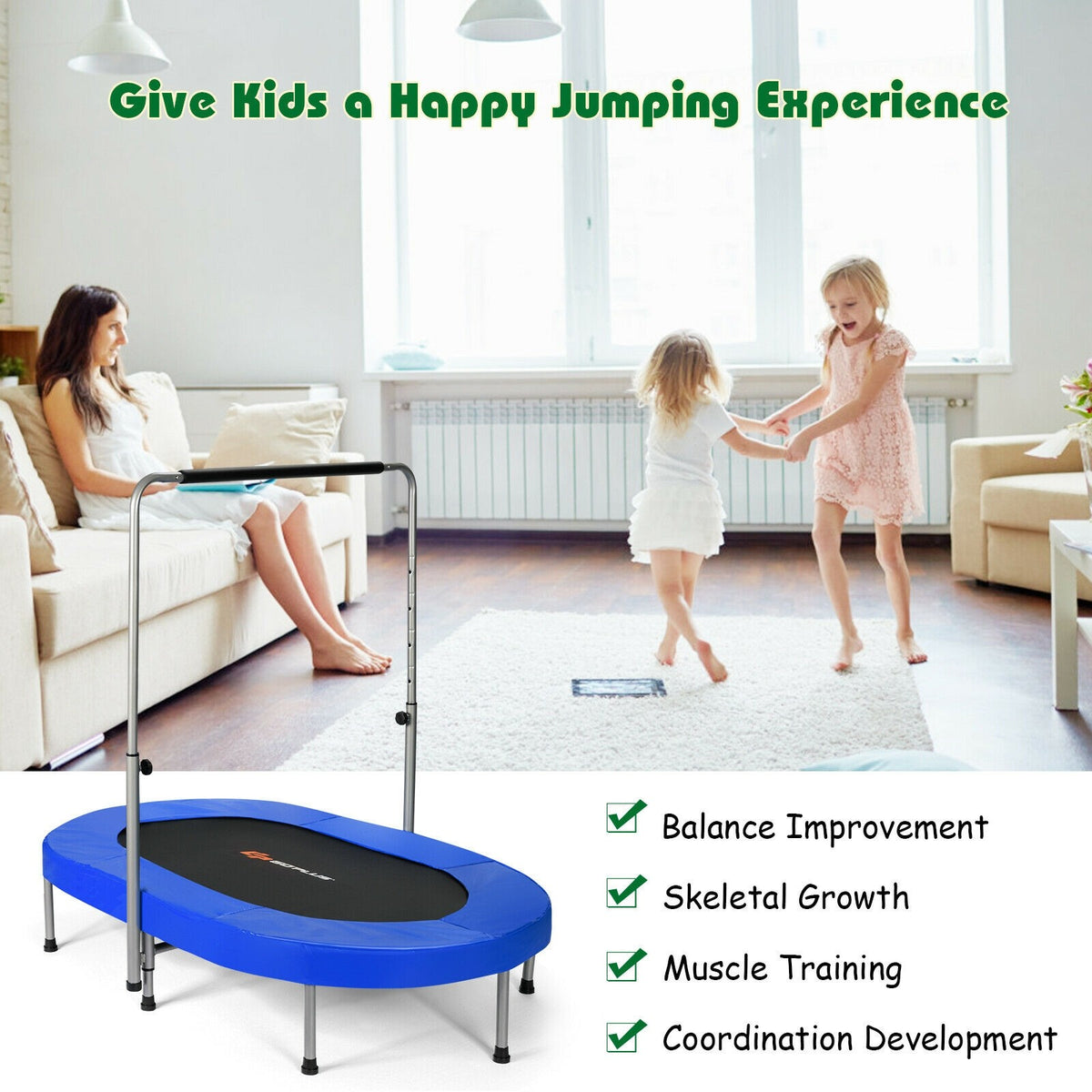 Foldable Oval Trampoline for Kids & Adults, Indoor Double Mini Fitness Trampoline Rebounder with Adjustable Handrail & Non-Slip Pads, Max 330lbs