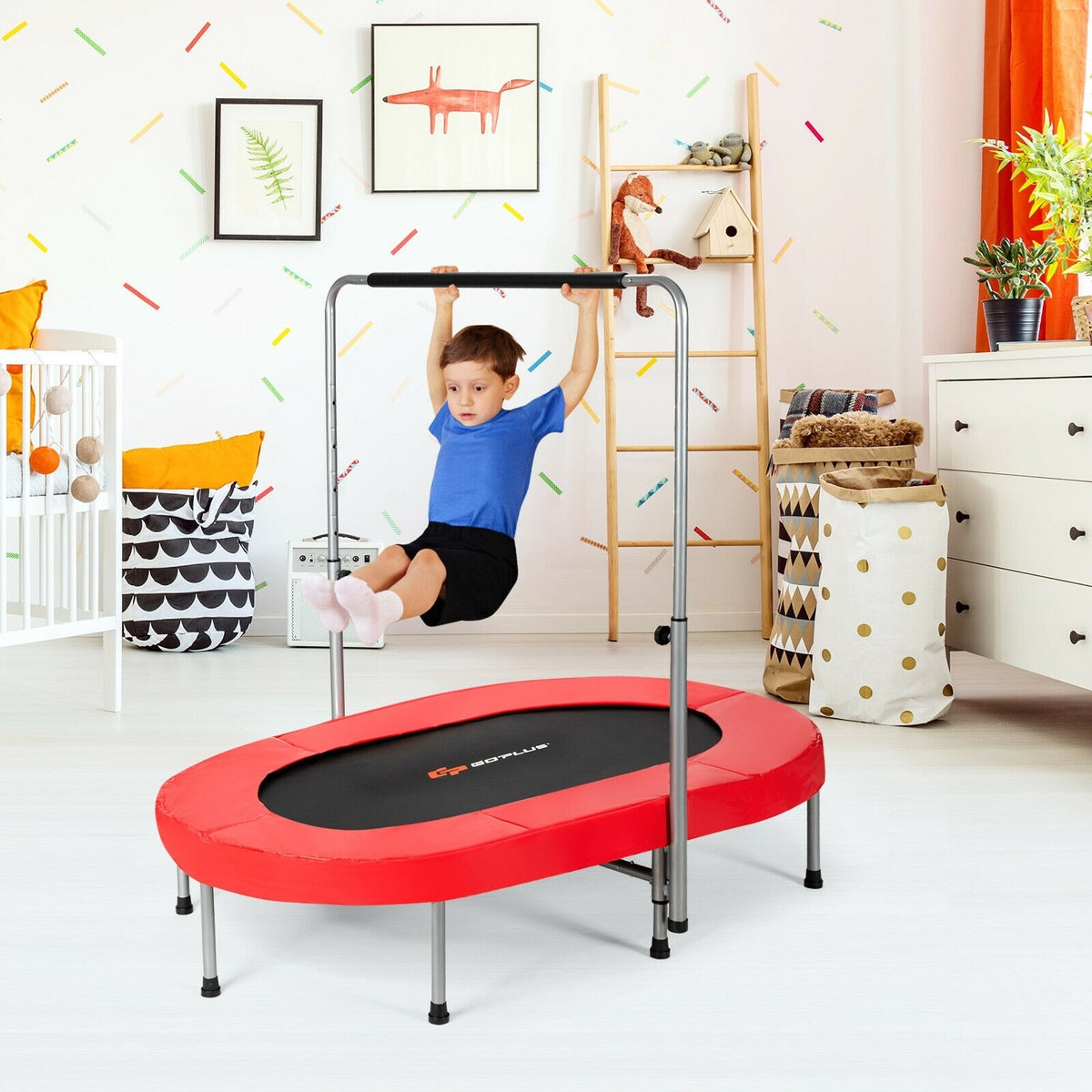 Foldable Oval Trampoline for Kids & Adults, Indoor Double Mini Fitness Trampoline Rebounder with Adjustable Handrail & Non-Slip Pads, Max 330lbs