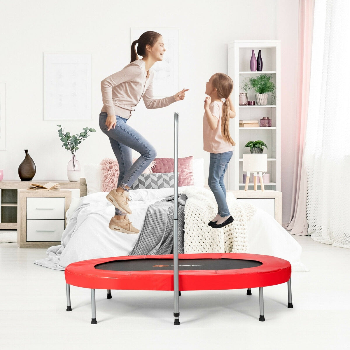 Foldable Oval Trampoline for Kids & Adults, Indoor Double Mini Fitness Trampoline Rebounder with Adjustable Handrail & Non-Slip Pads, Max 330lbs