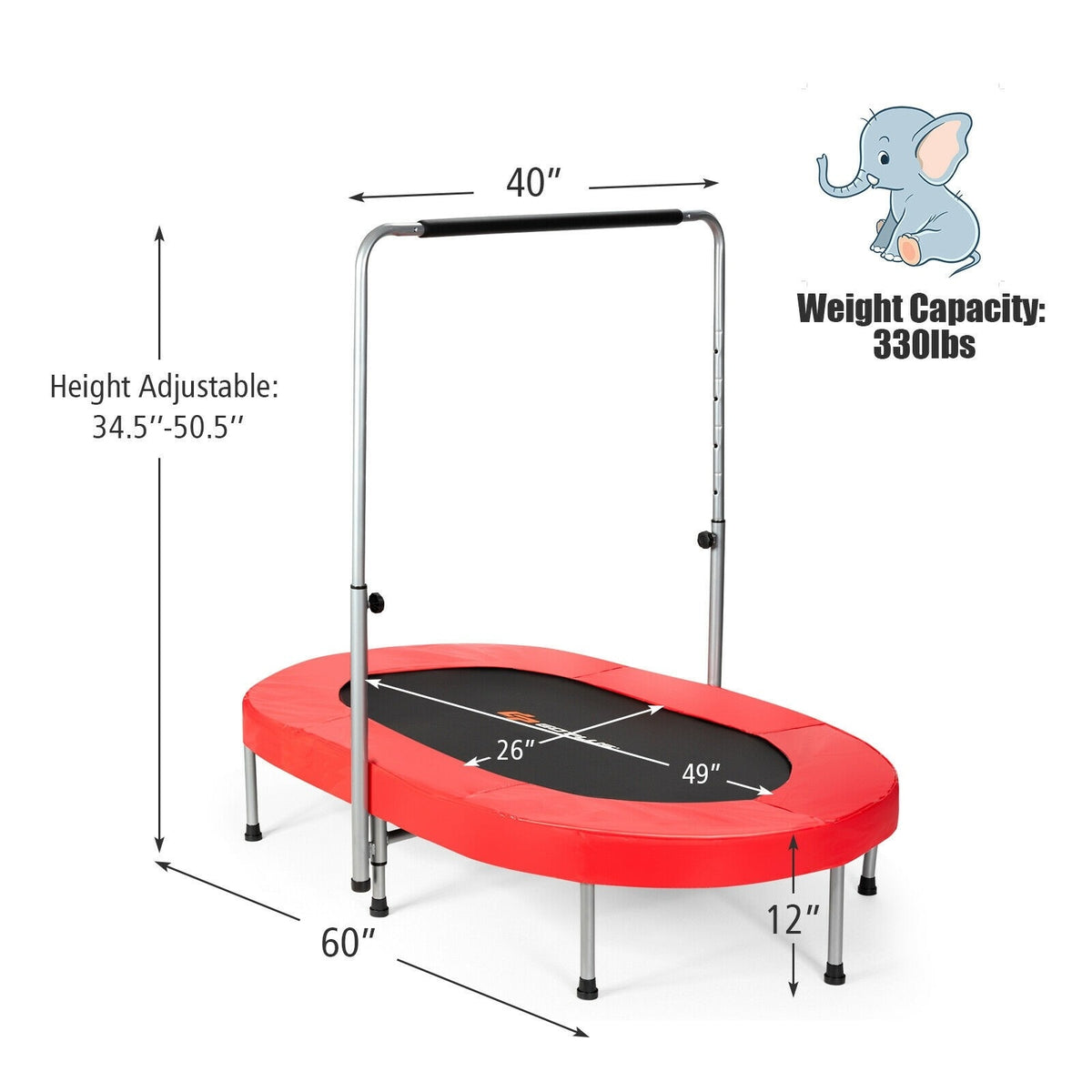 Foldable Oval Trampoline for Kids & Adults, Indoor Double Mini Fitness Trampoline Rebounder with Adjustable Handrail & Non-Slip Pads, Max 330lbs