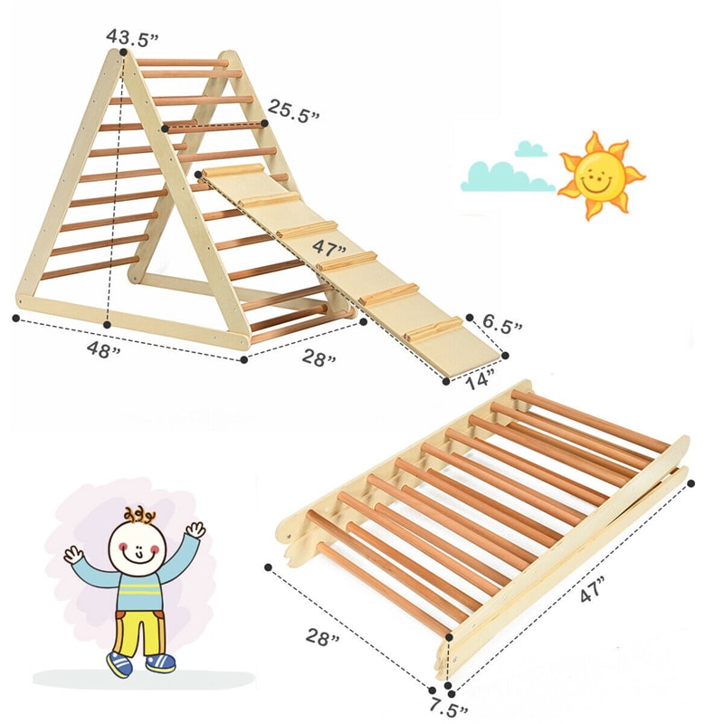 Foldable Wooden Climbing Triangle with Ramp & Ladder, Kids Indoor Climber Montessori Climbing Toys for Toddlers