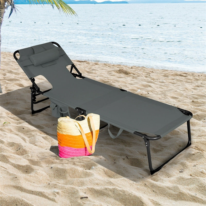 Folding Beach Lounge Chair 5-Position Adjustable Outdoor Tanning Chair with Pillow