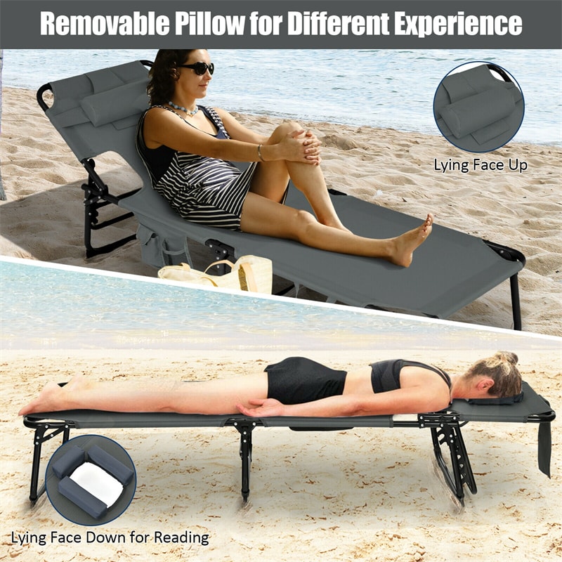 Folding Beach Lounge Chair 5-Position Adjustable Outdoor Tanning Chair with Pillow