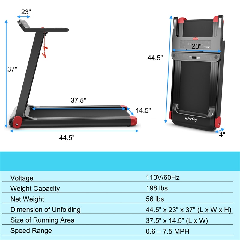 Folding Treadmill Superfit Compact Walking Running Machine with Smart APP Control & Bluetooth Speaker