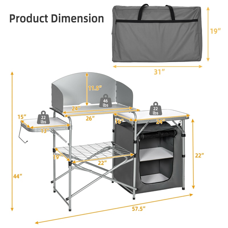 Portable Camping Kitchen Aluminum Outdoor Cooking Table Folding Grill Table 26'' Tabletop with Storage, Detachable Windscreen & Carry Bag