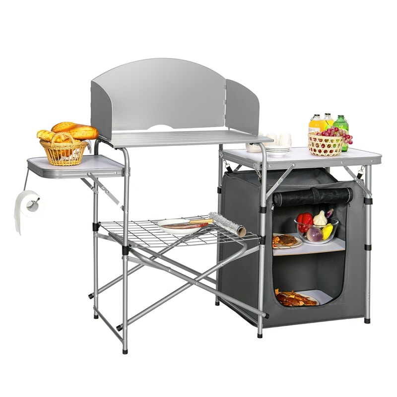 Portable Camping Kitchen Aluminum Outdoor Cooking Table Folding Grill Table 26'' Tabletop with Storage, Detachable Windscreen & Carry Bag