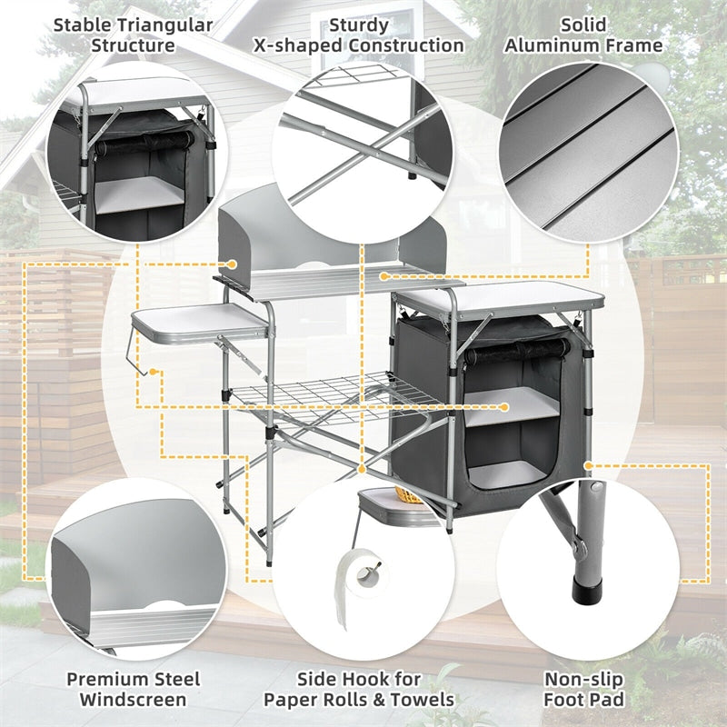 Portable Camping Kitchen Aluminum Outdoor Cooking Table Folding Grill Table 26'' Tabletop with Storage, Detachable Windscreen & Carry Bag