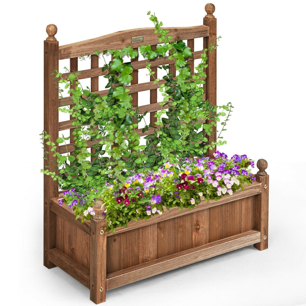 Solid Wood Planter Box with Trellis, 32"H Freestanding Raised Garden Bed Trellis Planter Box for Climbing Vegetable Plants