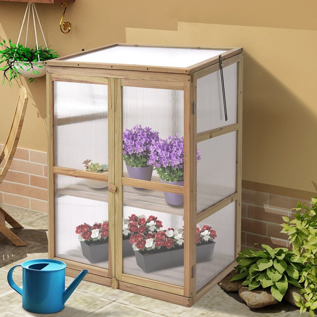 Cold Frame Portable Wooden Greenhouse Outdoor Indoor 3-Tier Raised Flower Planter Protection with Transparent Openable Roof & Double Doors