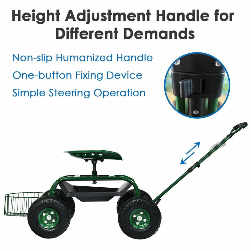 Heavy Duty Rolling Garden Cart 4-Wheel Garden Scooter with 360 Swivel Seat & Extendable Steer Handle