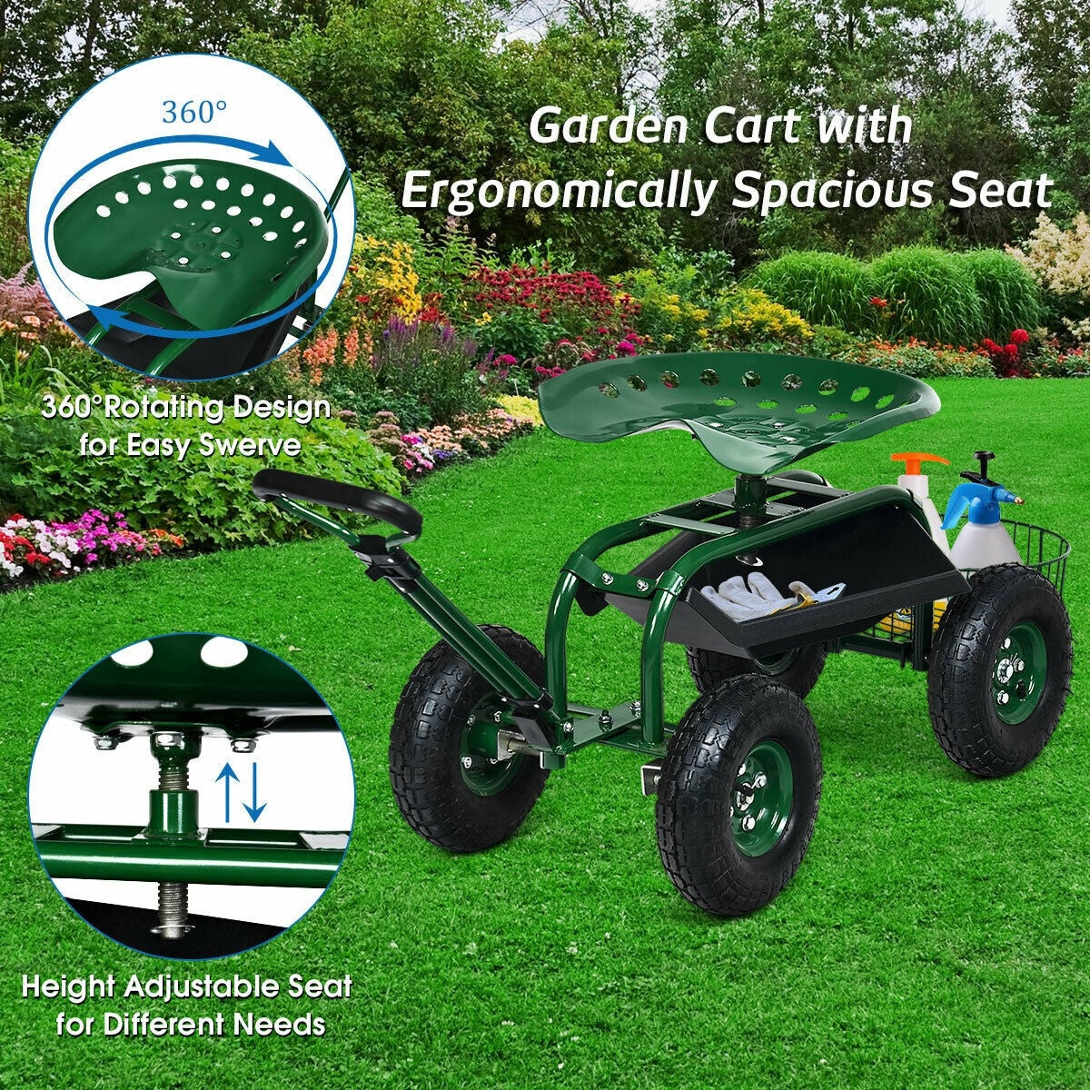 Heavy Duty Rolling Garden Cart 4-Wheel Garden Scooter with 360 Swivel Seat & Extendable Steer Handle