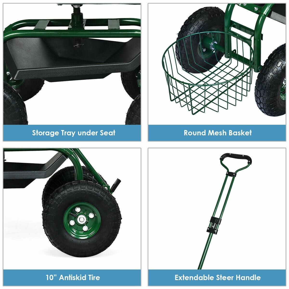 Heavy Duty Rolling Garden Cart 4-Wheel Garden Scooter with 360 Swivel Seat & Extendable Steer Handle