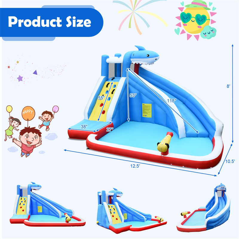 Inflatable Water Slide Shark Themed Bounce House Waterslide Park with 750W Blower, Long Slide, Climbing, Splash Pool for Kids Backyard Outdoor Fun