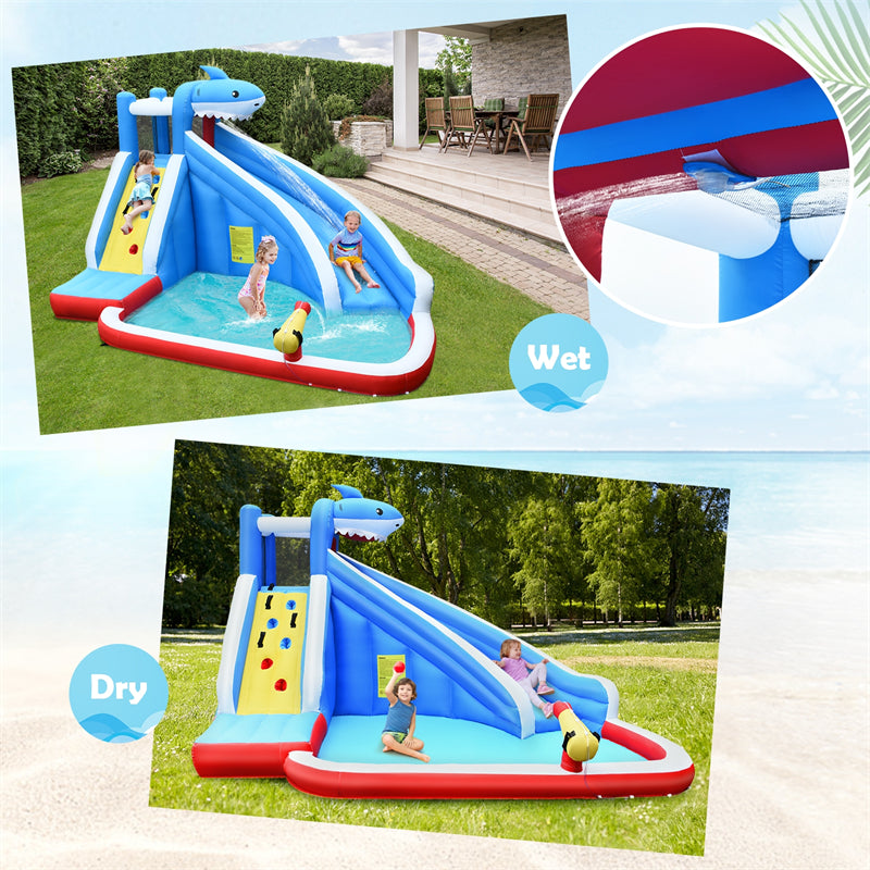 Inflatable Water Slide, Shark Themed Bounce House Waterslide Park with 750W Blower, Long Slide, Climbing, Splash Pool for Kids Backyard Outdoor Fun