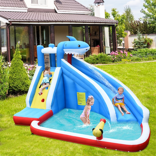 Inflatable Water Slide, Shark Themed Bounce House Waterslide Park with 750W Blower, Long Slide, Climbing, Splash Pool for Kids Backyard Outdoor Fun