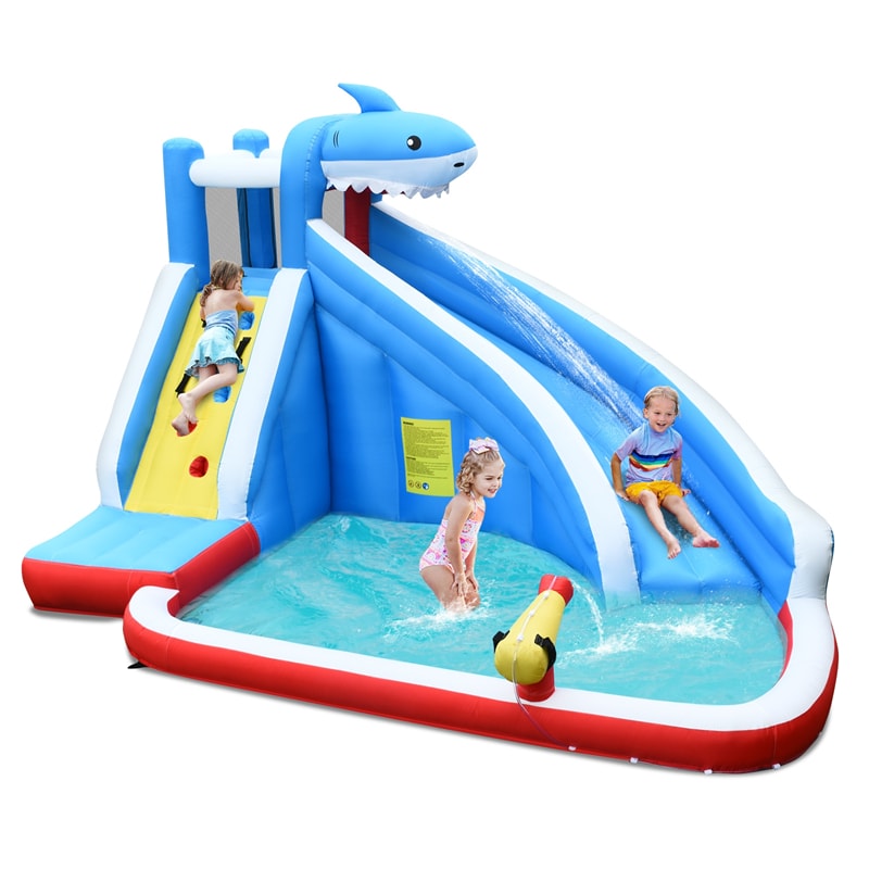 Inflatable Water Slide Shark Themed Bounce House Waterslide Park for Kids Backyard Outdoor Fun with Long Slide, Climbing, Splash Pool without Blower