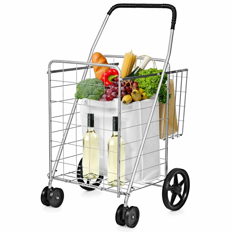 Jumbo Folding Shopping Cart Utility Cart with Double Basket & Swivel Wheels