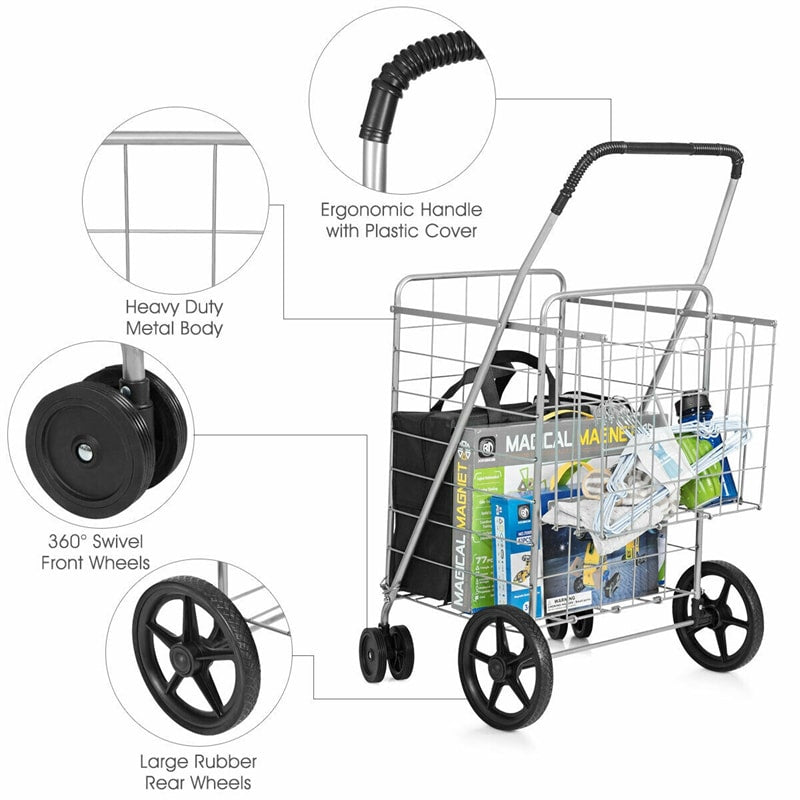 Jumbo Folding Shopping Cart Utility Cart with Double Basket & Swivel Wheels