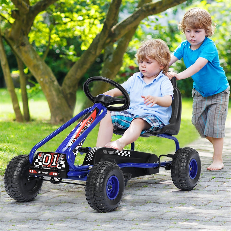 Kids Pedal Go Kart 4 Wheel Pedal Powered Ride On Car Toy with Adjustable Seat & Steering Wheels