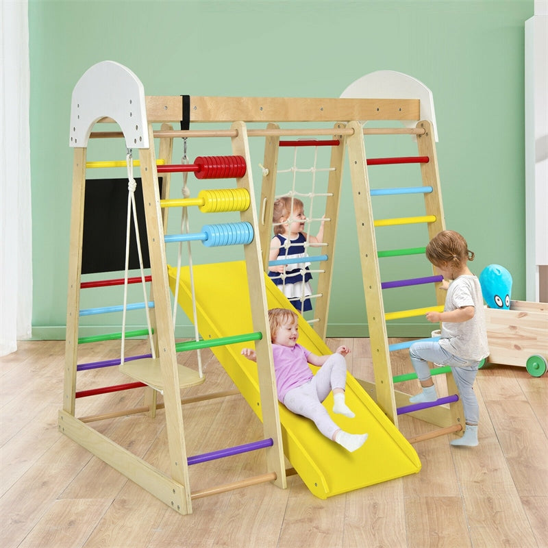 8-in-1 Indoor Jungle Gym, Kids Wooden Indoor Playground Climber with Slide, Swing, Climbing Rock & Net, Montessori Climbing Toys for Toddlers