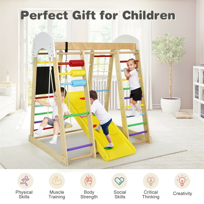 8-in-1 Indoor Jungle Gym, Kids Wooden Indoor Playground Climber with Slide, Swing, Climbing Rock & Net, Montessori Climbing Toys for Toddlers