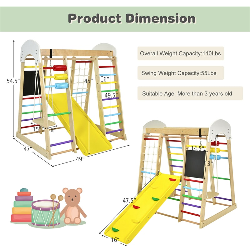 8-in-1 Indoor Jungle Gym, Kids Wooden Indoor Playground Climber with Slide, Swing, Climbing Rock & Net, Montessori Climbing Toys for Toddlers